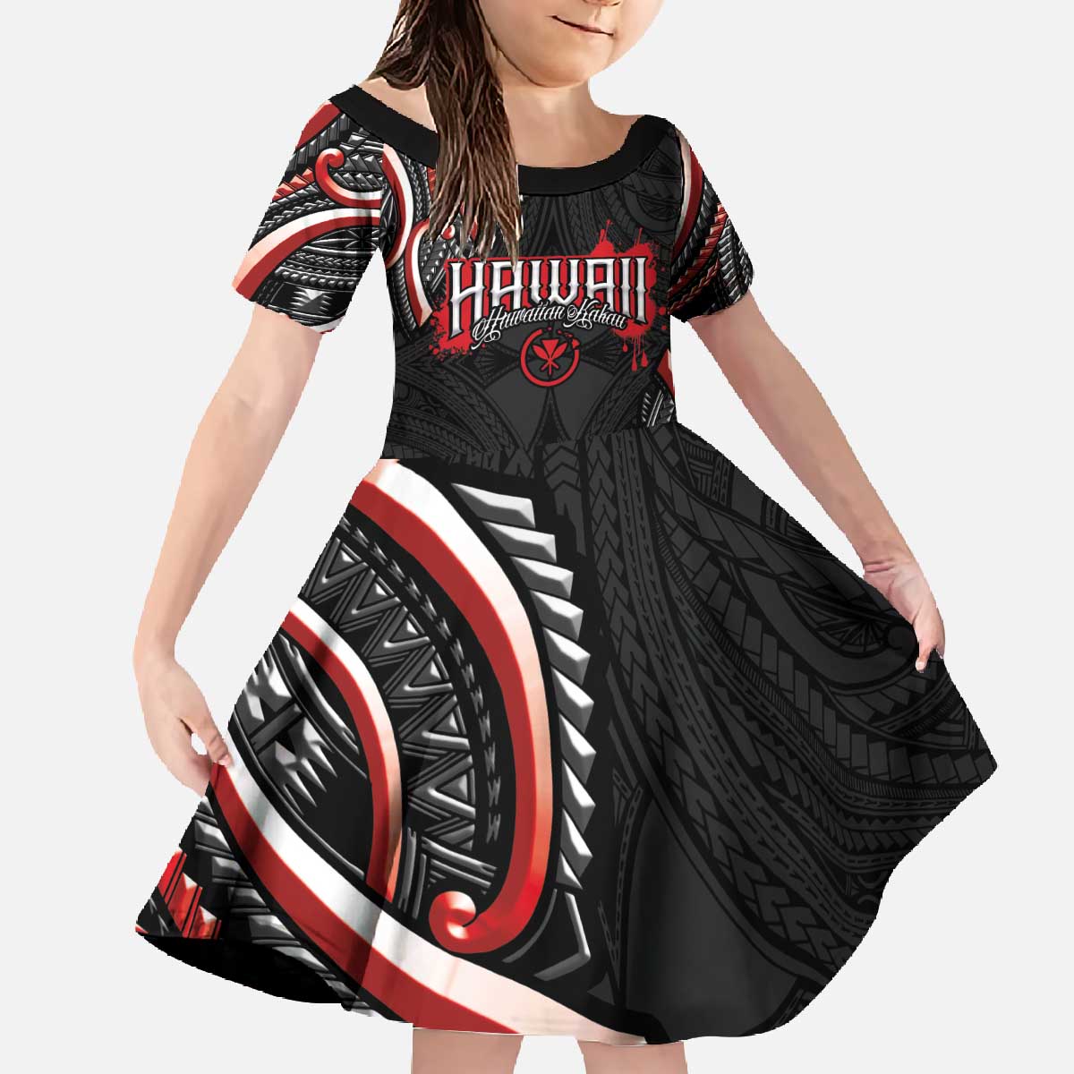 Traditional Art Hawaiian Kakau Tattoos Family Matching Off The Shoulder Long Sleeve Dress and Hawaiian Shirt Red Color LT03 Daughter's Dress Red - Polynesian Pride