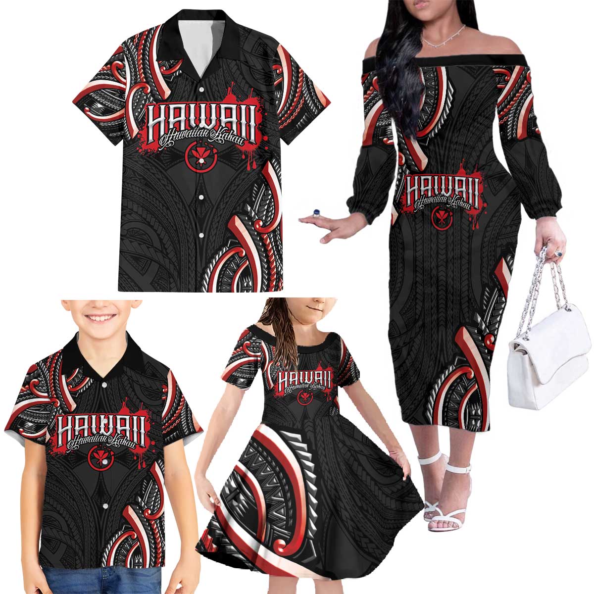 Traditional Art Hawaiian Kakau Tattoos Family Matching Off The Shoulder Long Sleeve Dress and Hawaiian Shirt Red Color LT03 - Polynesian Pride