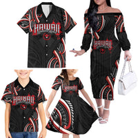 Traditional Art Hawaiian Kakau Tattoos Family Matching Off The Shoulder Long Sleeve Dress and Hawaiian Shirt Red Color LT03 - Polynesian Pride