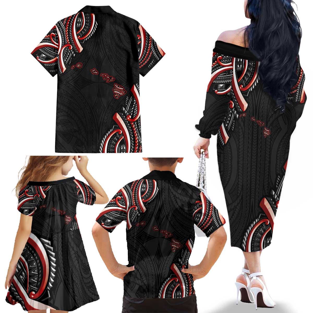 Traditional Art Hawaiian Kakau Tattoos Family Matching Off The Shoulder Long Sleeve Dress and Hawaiian Shirt Red Color LT03 - Polynesian Pride