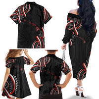 Traditional Art Hawaiian Kakau Tattoos Family Matching Off The Shoulder Long Sleeve Dress and Hawaiian Shirt Red Color LT03 - Polynesian Pride