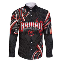 Traditional Art Hawaiian Kakau Tattoos Family Matching Off The Shoulder Long Sleeve Dress and Hawaiian Shirt Red Color LT03 Dad's Shirt - Long Sleeve Red - Polynesian Pride
