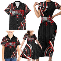 Traditional Art Hawaiian Kakau Tattoos Family Matching Short Sleeve Bodycon Dress and Hawaiian Shirt Red Color LT03 - Polynesian Pride