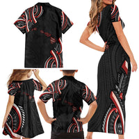 Traditional Art Hawaiian Kakau Tattoos Family Matching Short Sleeve Bodycon Dress and Hawaiian Shirt Red Color LT03 - Polynesian Pride