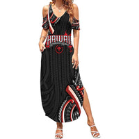 Traditional Art Hawaiian Kakau Tattoos Family Matching Summer Maxi Dress and Hawaiian Shirt Red Color LT03 Mom's Dress Red - Polynesian Pride