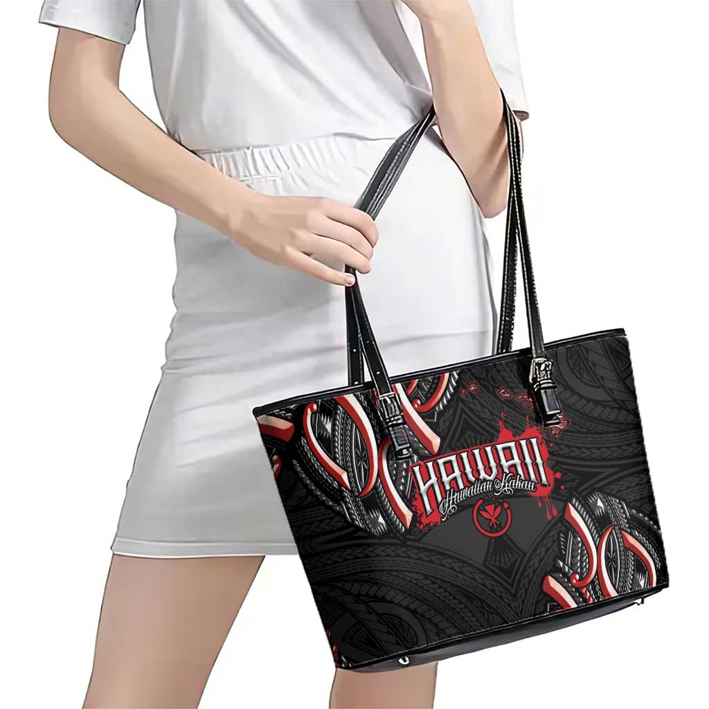 Traditional Art Hawaiian Kakau Tattoos Leather Tote Bag Red Color - Polynesian Pride