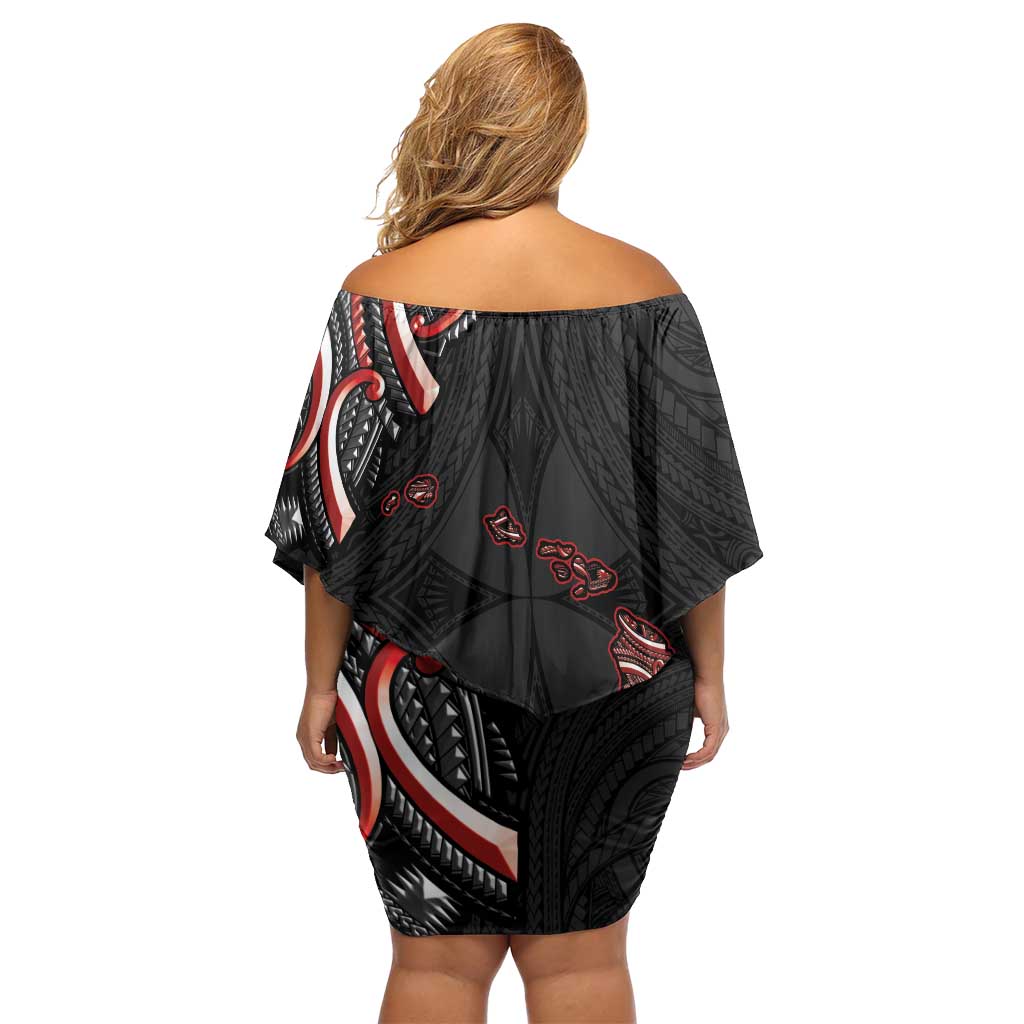 Traditional Art Hawaiian Kakau Tattoos Off Shoulder Short Dress Red Color - Polynesian Pride