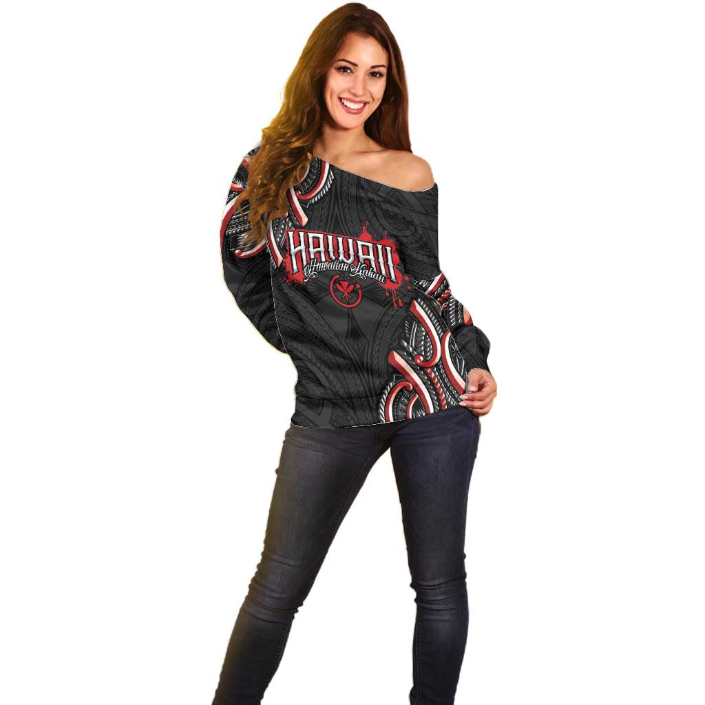 Traditional Art Hawaiian Kakau Tattoos Off Shoulder Sweater Red Color - Polynesian Pride