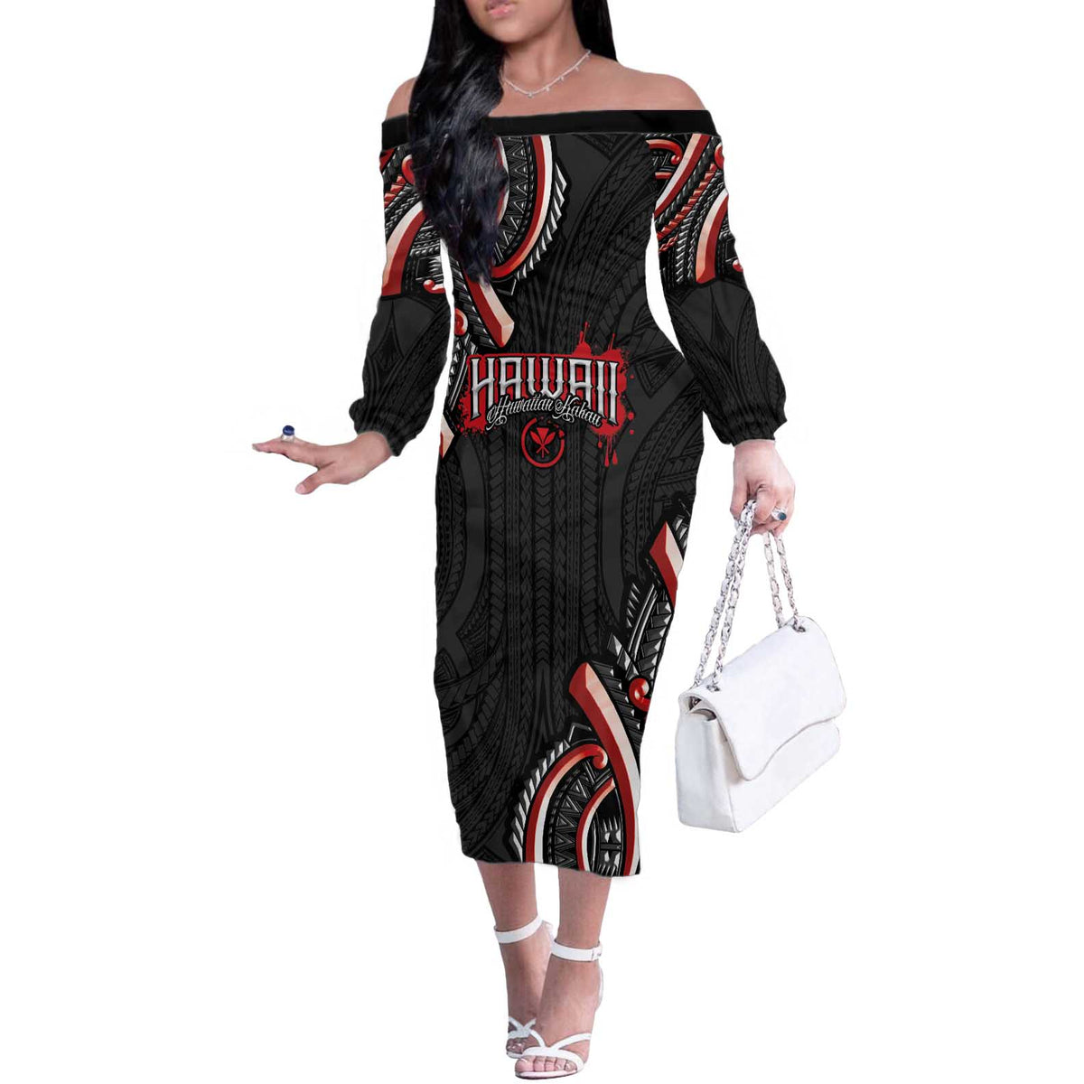 Traditional Art Hawaiian Kakau Tattoos Off The Shoulder Long Sleeve Dress Red Color - Polynesian Pride