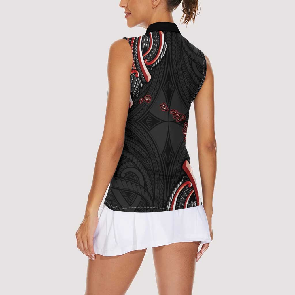 Traditional Art Hawaiian Kakau Tattoos Women Sleeveless Polo Shirt Red Color - Polynesian Pride