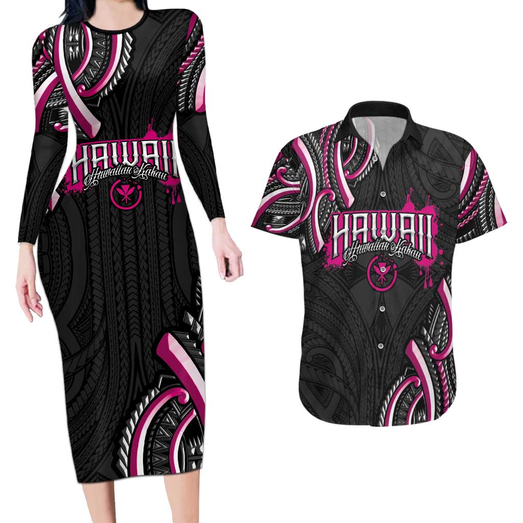 Traditional Art Hawaiian Kakau Tattoos Couples Matching Long Sleeve Bodycon Dress and Hawaiian Shirt Pink Color LT03 Pink - Polynesian Pride