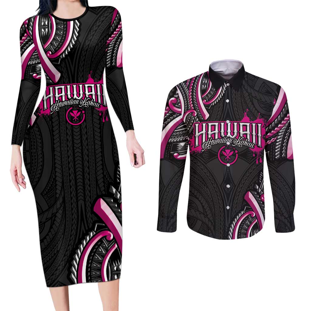 Traditional Art Hawaiian Kakau Tattoos Couples Matching Long Sleeve Bodycon Dress and Long Sleeve Button Shirt Pink Color LT03 Pink - Polynesian Pride