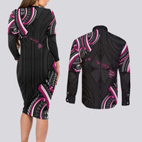 Traditional Art Hawaiian Kakau Tattoos Couples Matching Long Sleeve Bodycon Dress and Long Sleeve Button Shirt Pink Color LT03 - Polynesian Pride