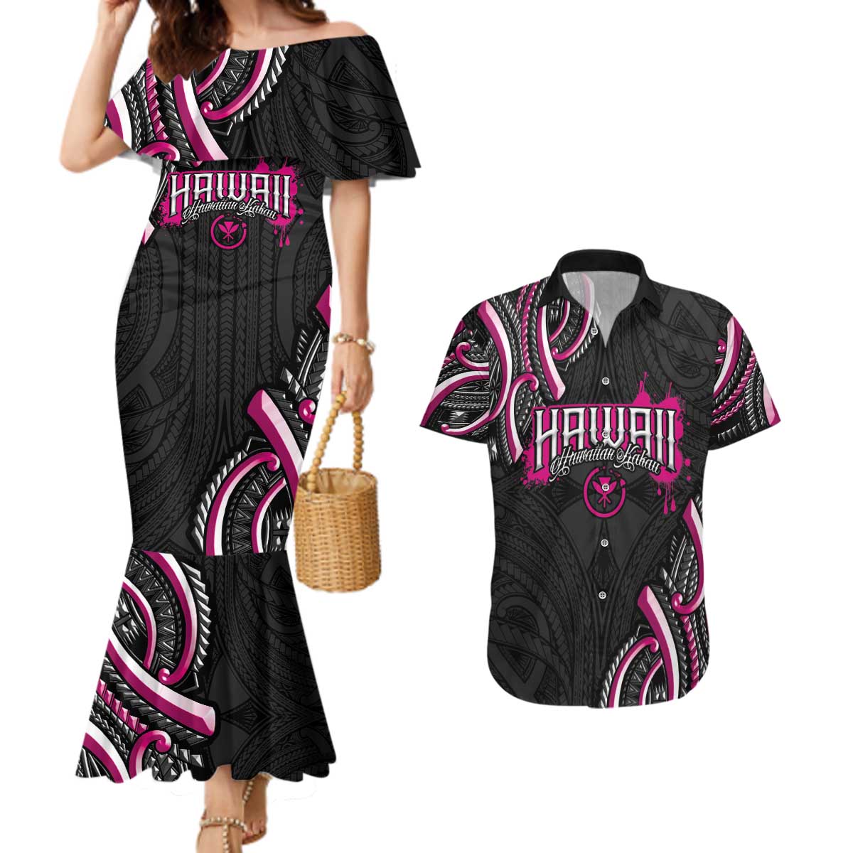 Traditional Art Hawaiian Kakau Tattoos Couples Matching Mermaid Dress and Hawaiian Shirt Pink Color LT03 Pink - Polynesian Pride