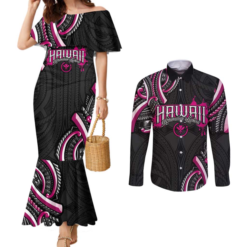 Traditional Art Hawaiian Kakau Tattoos Couples Matching Mermaid Dress and Long Sleeve Button Shirt Pink Color LT03 Pink - Polynesian Pride