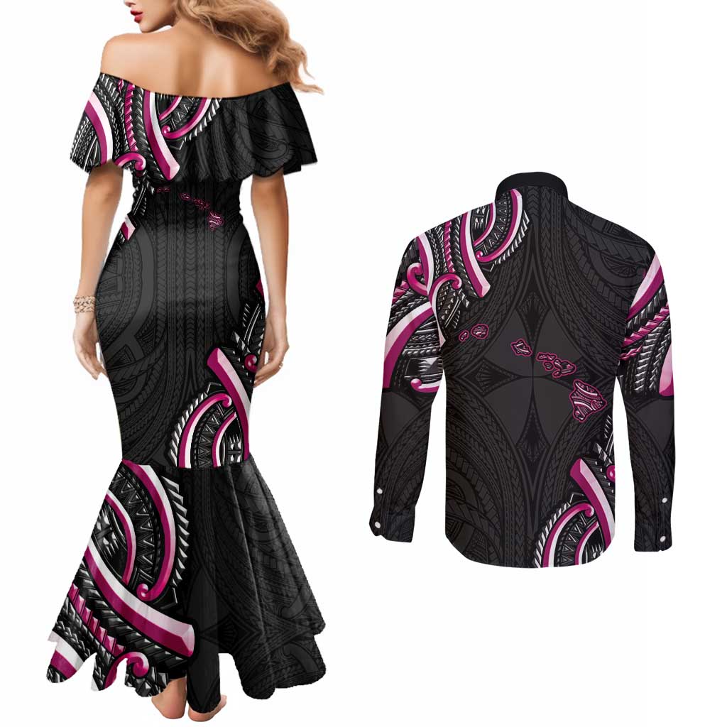 Traditional Art Hawaiian Kakau Tattoos Couples Matching Mermaid Dress and Long Sleeve Button Shirt Pink Color LT03 - Polynesian Pride