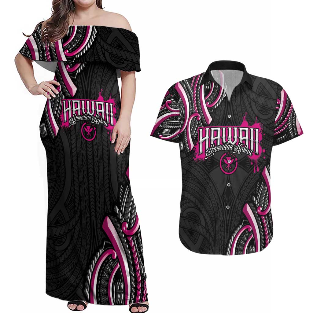 Traditional Art Hawaiian Kakau Tattoos Couples Matching Off Shoulder Maxi Dress and Hawaiian Shirt Pink Color LT03 Pink - Polynesian Pride