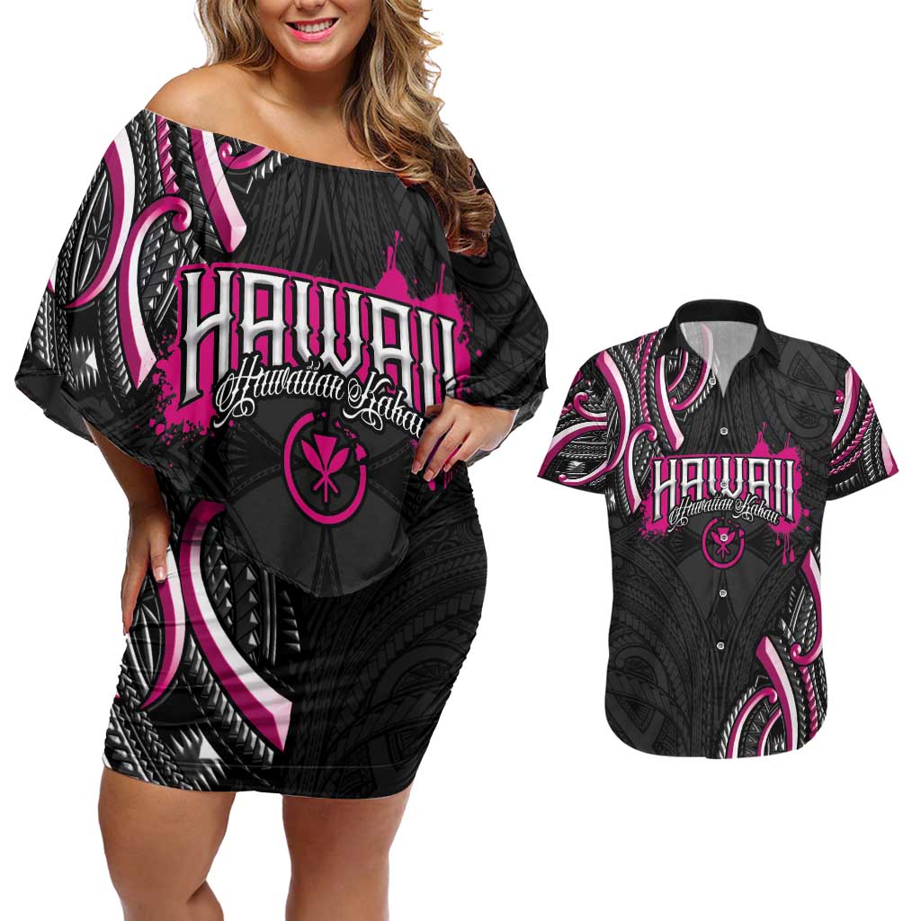 Traditional Art Hawaiian Kakau Tattoos Couples Matching Off Shoulder Short Dress and Hawaiian Shirt Pink Color LT03 Pink - Polynesian Pride