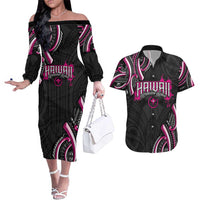 Traditional Art Hawaiian Kakau Tattoos Couples Matching Off The Shoulder Long Sleeve Dress and Hawaiian Shirt Pink Color LT03 Pink - Polynesian Pride