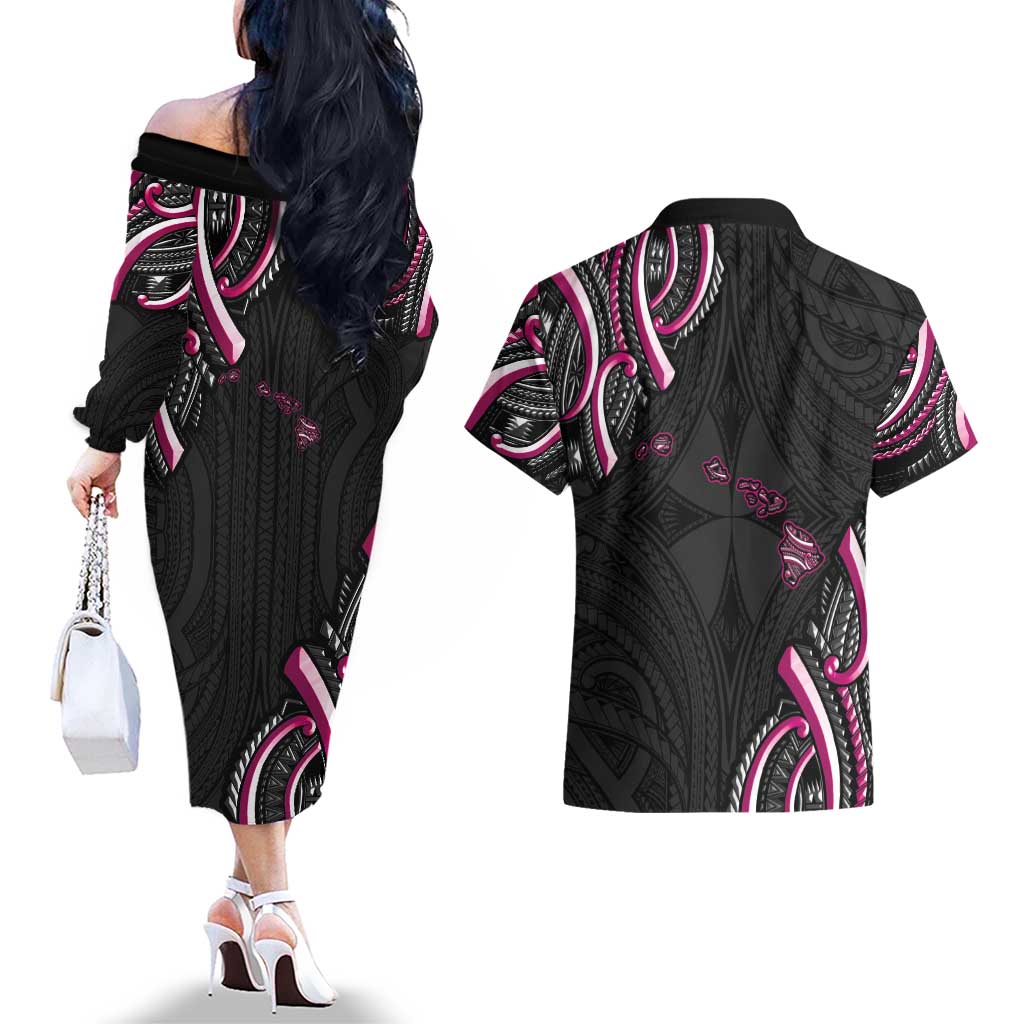 Traditional Art Hawaiian Kakau Tattoos Couples Matching Off The Shoulder Long Sleeve Dress and Hawaiian Shirt Pink Color LT03 - Polynesian Pride