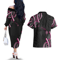 Traditional Art Hawaiian Kakau Tattoos Couples Matching Off The Shoulder Long Sleeve Dress and Hawaiian Shirt Pink Color LT03 - Polynesian Pride
