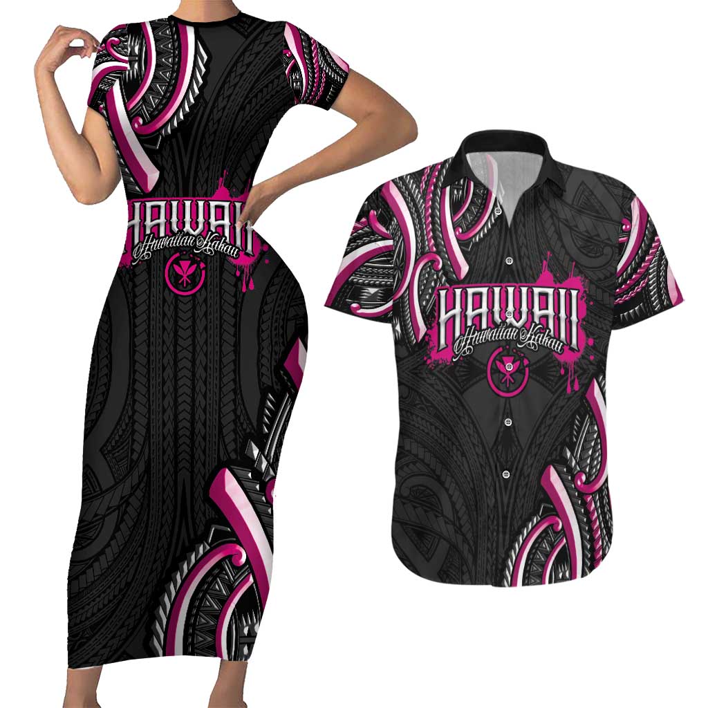 Traditional Art Hawaiian Kakau Tattoos Couples Matching Short Sleeve Bodycon Dress and Hawaiian Shirt Pink Color LT03 Pink - Polynesian Pride