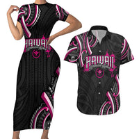 Traditional Art Hawaiian Kakau Tattoos Couples Matching Short Sleeve Bodycon Dress and Hawaiian Shirt Pink Color LT03 Pink - Polynesian Pride
