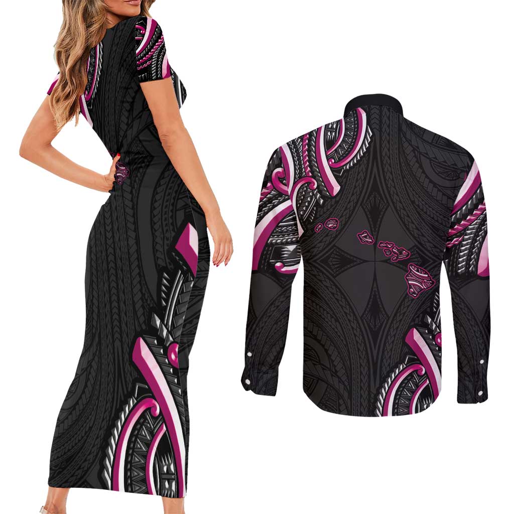 Traditional Art Hawaiian Kakau Tattoos Couples Matching Short Sleeve Bodycon Dress and Long Sleeve Button Shirt Pink Color LT03 - Polynesian Pride