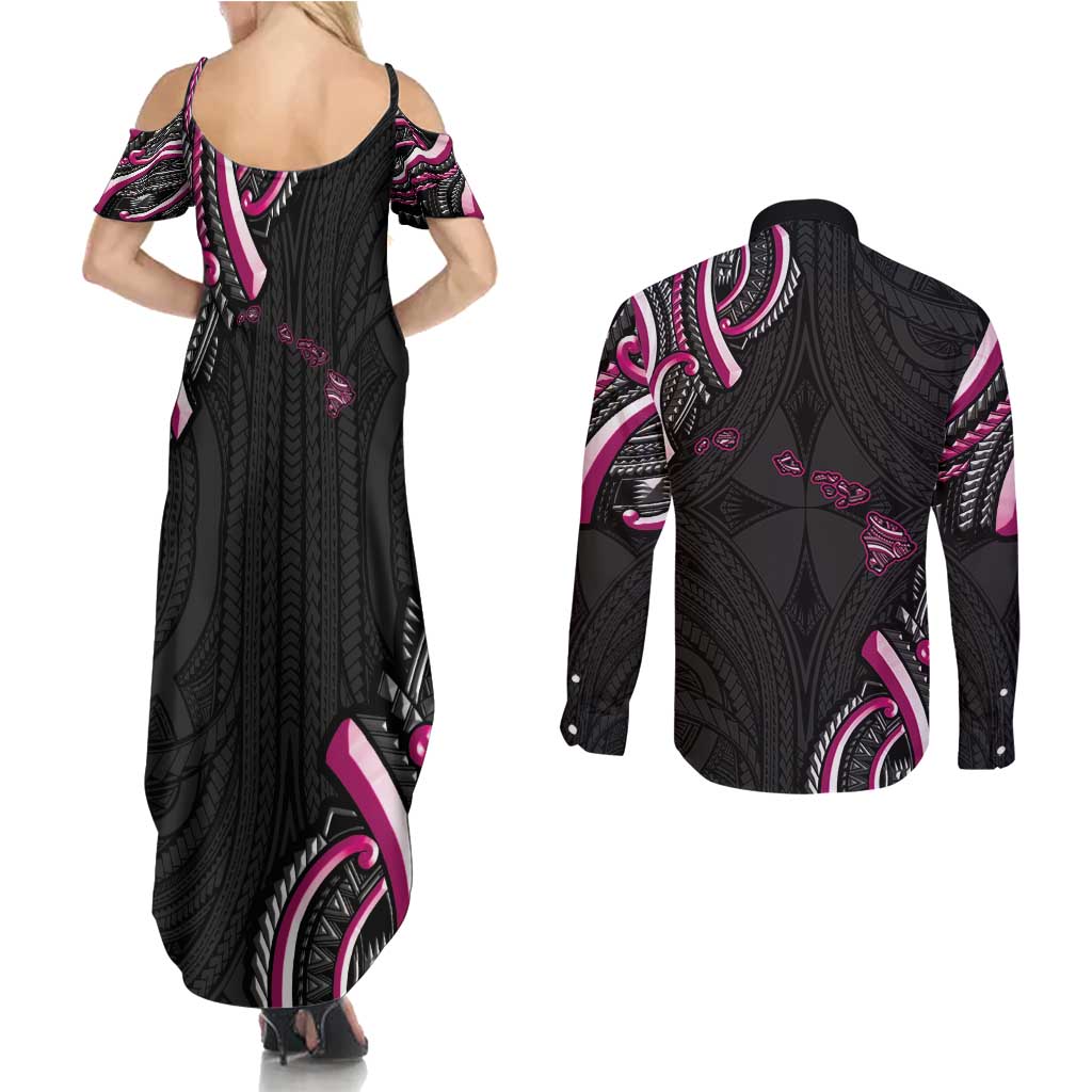 Traditional Art Hawaiian Kakau Tattoos Couples Matching Summer Maxi Dress and Long Sleeve Button Shirt Pink Color - Polynesian Pride