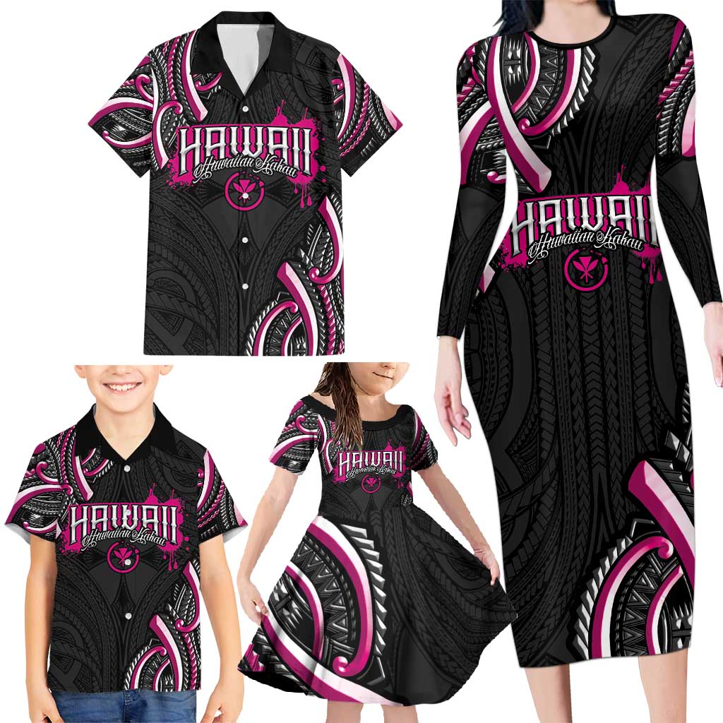 Traditional Art Hawaiian Kakau Tattoos Family Matching Long Sleeve Bodycon Dress and Hawaiian Shirt Pink Color LT03 - Polynesian Pride