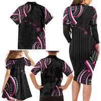 Traditional Art Hawaiian Kakau Tattoos Family Matching Long Sleeve Bodycon Dress and Hawaiian Shirt Pink Color LT03 - Polynesian Pride