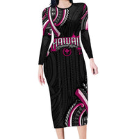Traditional Art Hawaiian Kakau Tattoos Family Matching Long Sleeve Bodycon Dress and Hawaiian Shirt Pink Color LT03 Mom's Dress Pink - Polynesian Pride