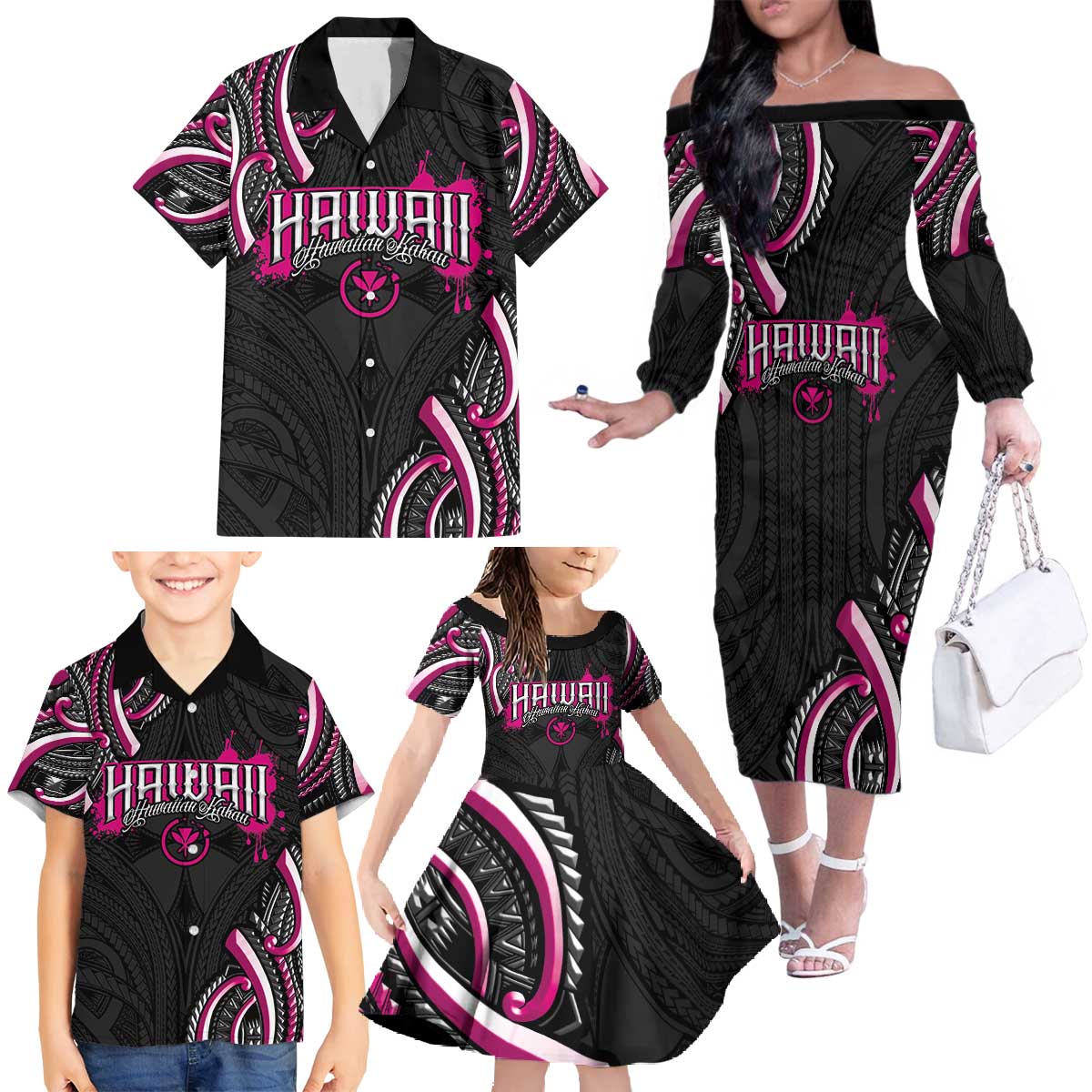 Traditional Art Hawaiian Kakau Tattoos Family Matching Off The Shoulder Long Sleeve Dress and Hawaiian Shirt Pink Color LT03 - Polynesian Pride