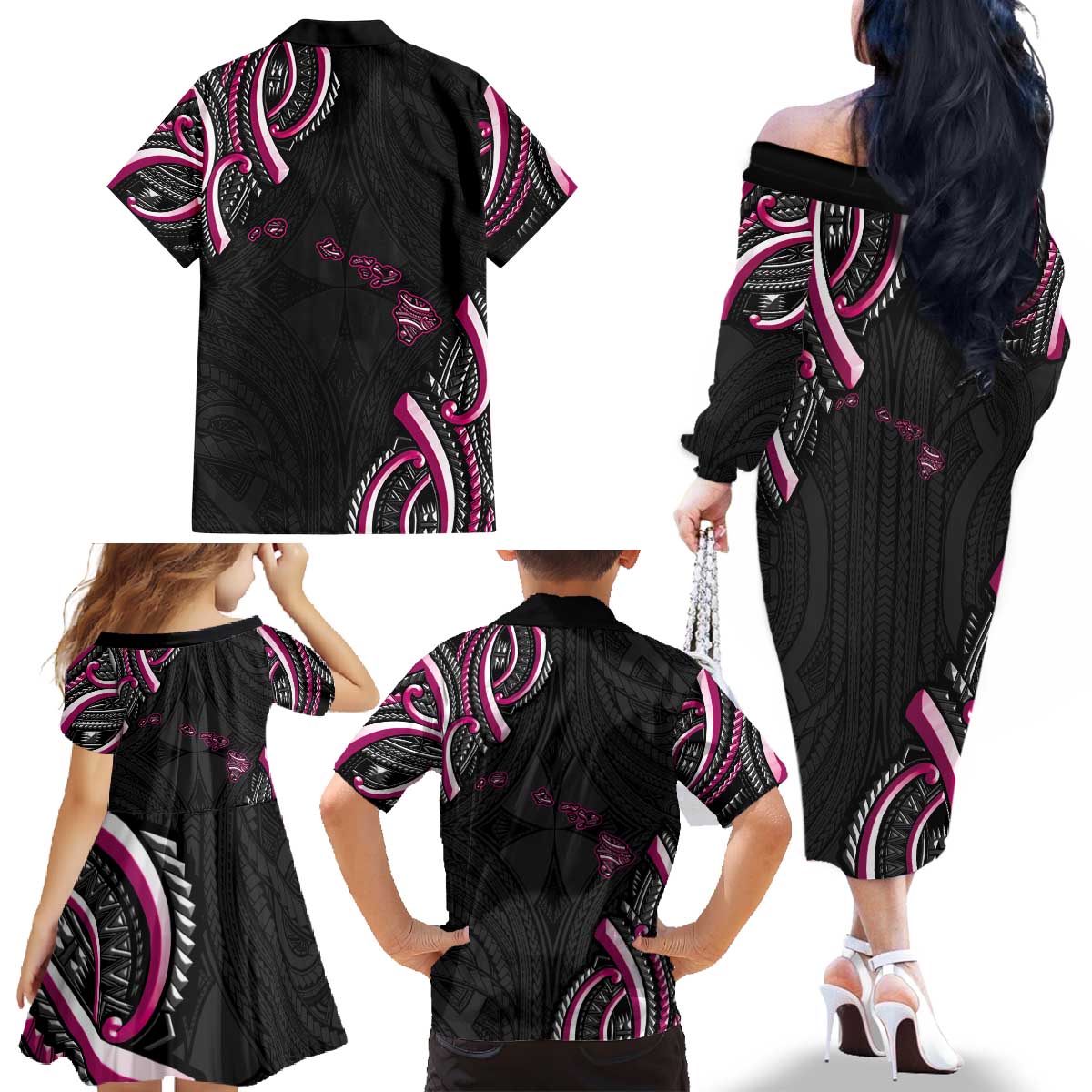 Traditional Art Hawaiian Kakau Tattoos Family Matching Off The Shoulder Long Sleeve Dress and Hawaiian Shirt Pink Color LT03 - Polynesian Pride