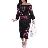 Traditional Art Hawaiian Kakau Tattoos Family Matching Off The Shoulder Long Sleeve Dress and Hawaiian Shirt Pink Color LT03 Mom's Dress Pink - Polynesian Pride