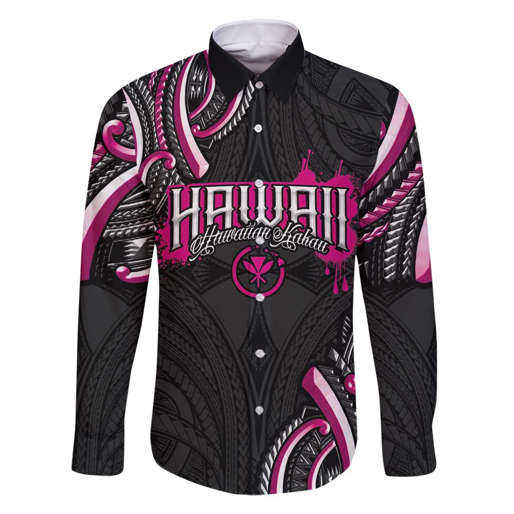 Traditional Art Hawaiian Kakau Tattoos Family Matching Off Shoulder Short Dress and Hawaiian Shirt Pink Color LT03 Dad's Shirt - Long Sleeve Pink - Polynesian Pride