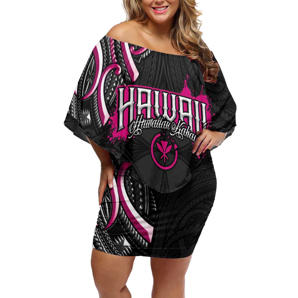 Traditional Art Hawaiian Kakau Tattoos Family Matching Off Shoulder Short Dress and Hawaiian Shirt Pink Color LT03 Mom's Dress Pink - Polynesian Pride