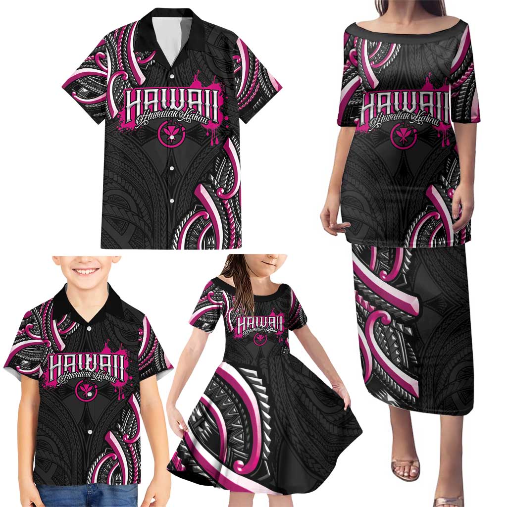 Traditional Art Hawaiian Kakau Tattoos Family Matching Puletasi and Hawaiian Shirt Pink Color LT03 - Polynesian Pride