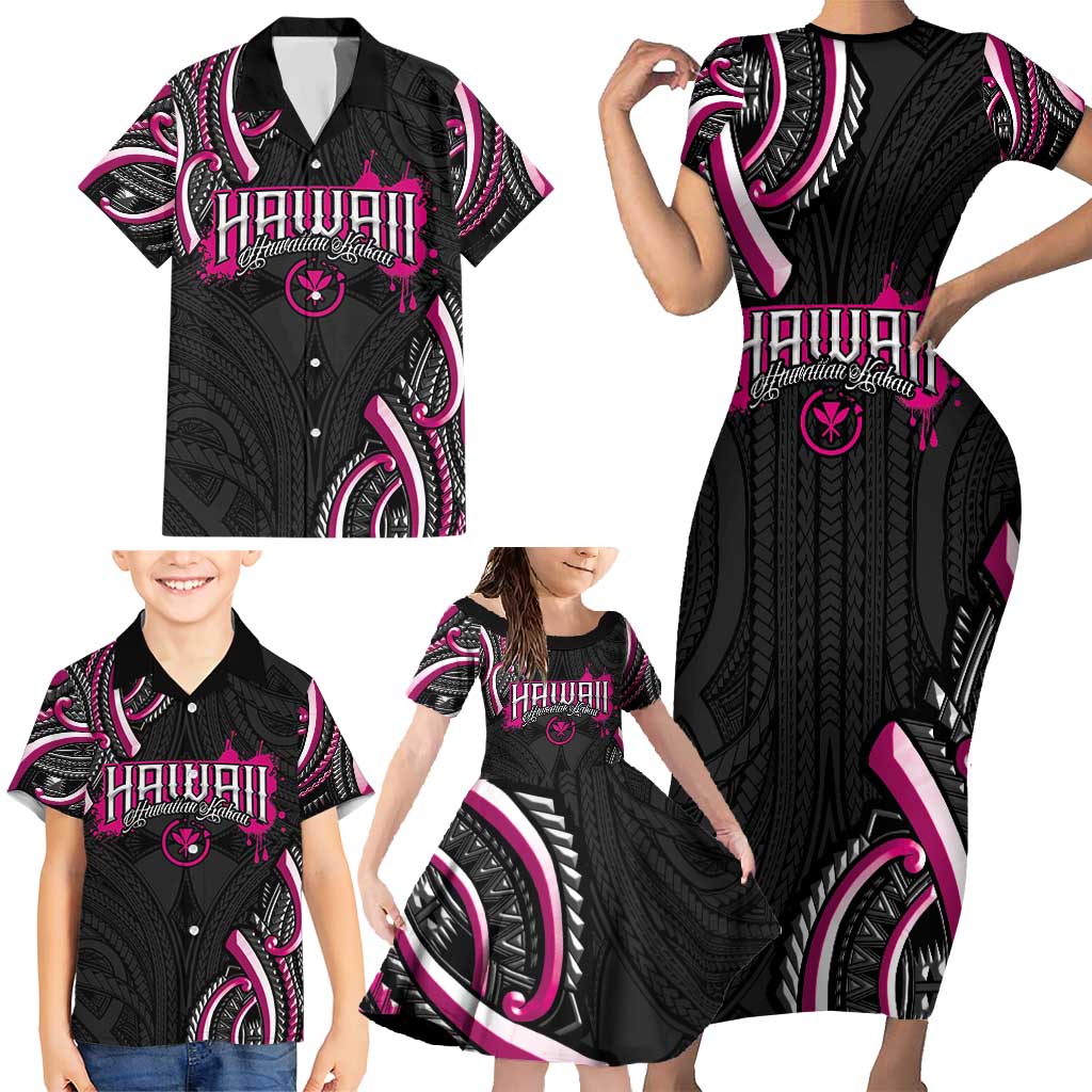 Traditional Art Hawaiian Kakau Tattoos Family Matching Short Sleeve Bodycon Dress and Hawaiian Shirt Pink Color LT03 - Polynesian Pride