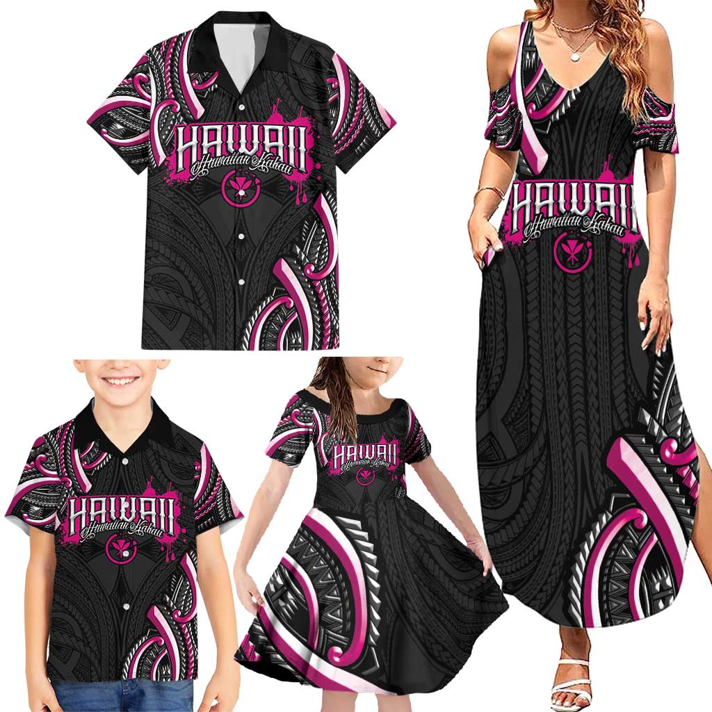 Traditional Art Hawaiian Kakau Tattoos Family Matching Summer Maxi Dress and Hawaiian Shirt Pink Color LT03 - Polynesian Pride