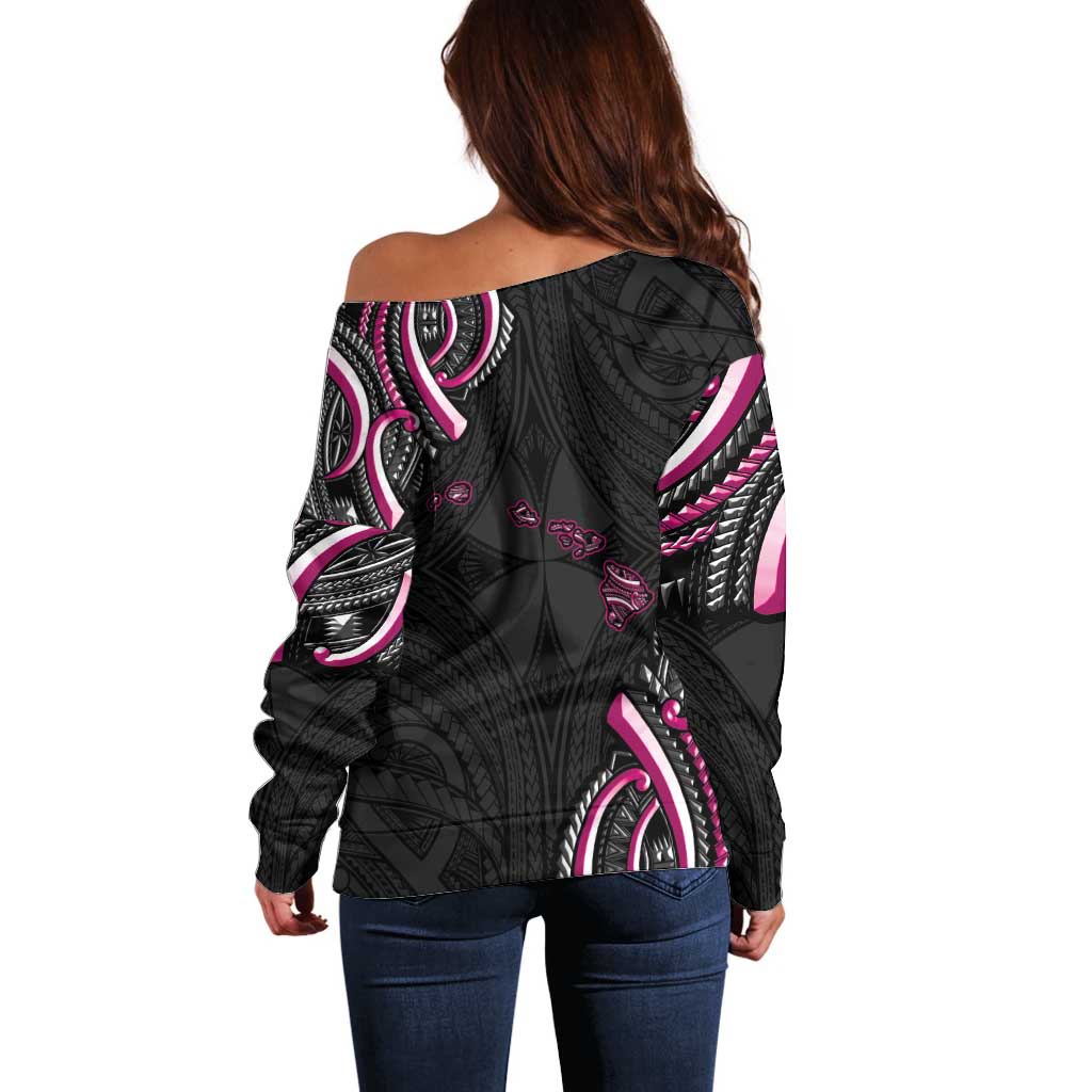 Traditional Art Hawaiian Kakau Tattoos Off Shoulder Sweater Pink Color LT03 - Polynesian Pride