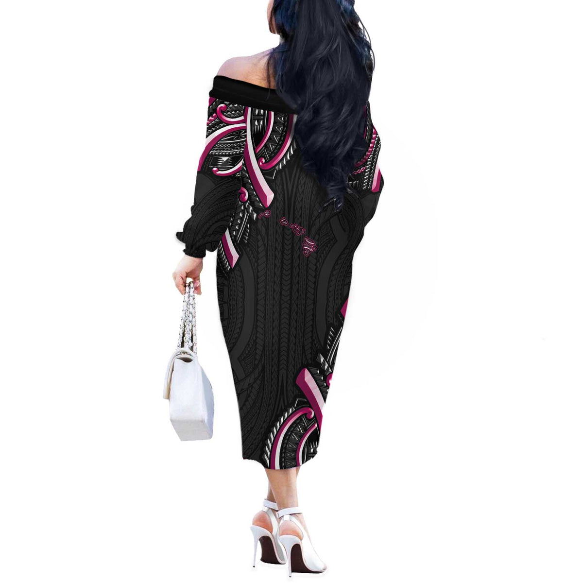 Traditional Art Hawaiian Kakau Tattoos Off The Shoulder Long Sleeve Dress Pink Color - Polynesian Pride