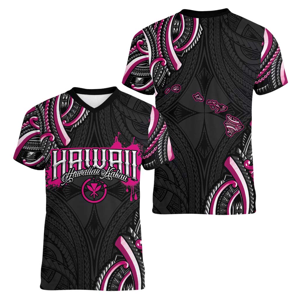 Traditional Art Hawaiian Kakau Tattoos Women V-Neck T-Shirt Pink Color - Polynesian Pride