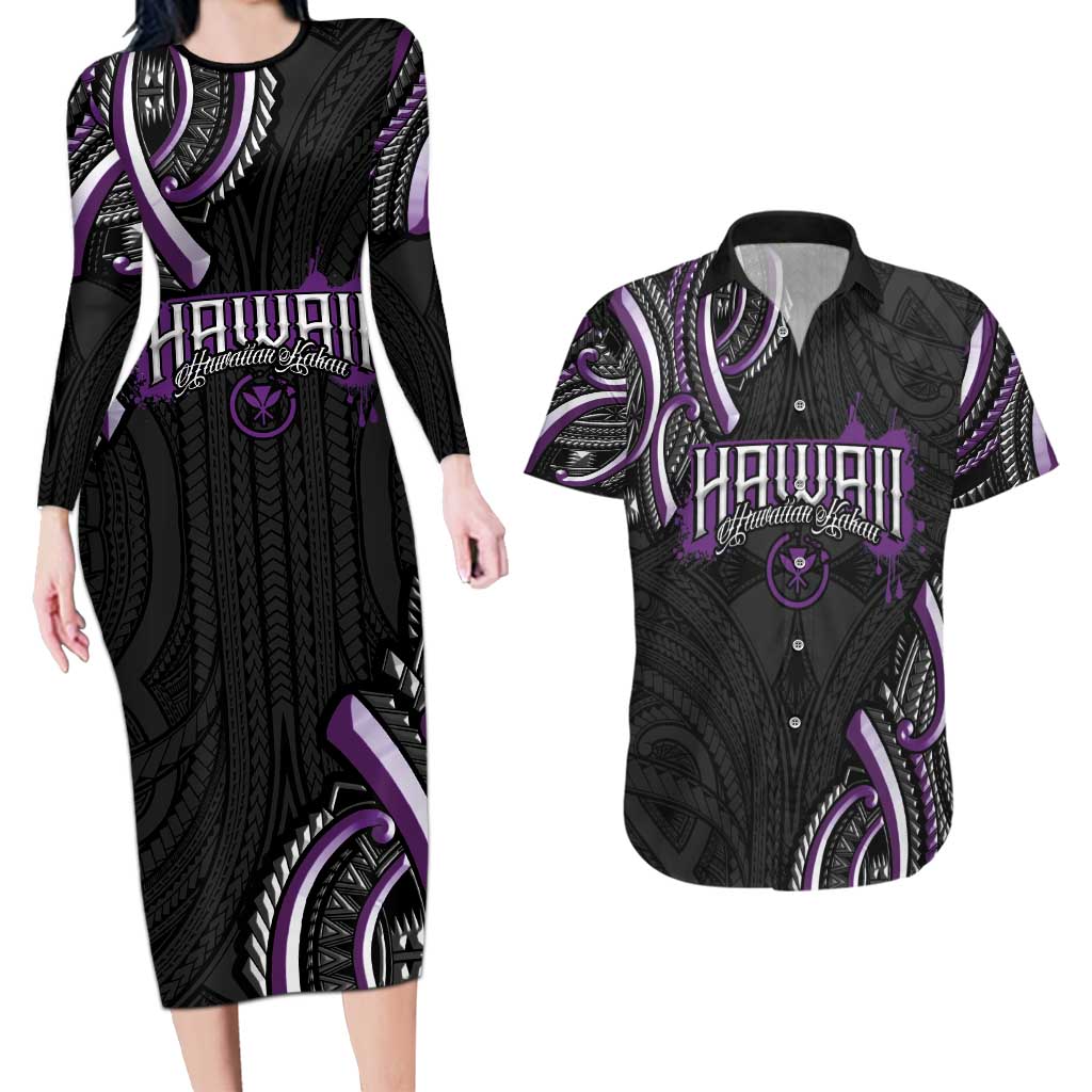 Traditional Art Hawaiian Kakau Tattoos Couples Matching Long Sleeve Bodycon Dress and Hawaiian Shirt Purple Color LT03 Purple - Polynesian Pride
