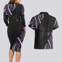 Traditional Art Hawaiian Kakau Tattoos Couples Matching Long Sleeve Bodycon Dress and Hawaiian Shirt Purple Color LT03 - Polynesian Pride