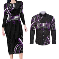 Traditional Art Hawaiian Kakau Tattoos Couples Matching Long Sleeve Bodycon Dress and Long Sleeve Button Shirt Purple Color LT03 Purple - Polynesian Pride