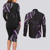Traditional Art Hawaiian Kakau Tattoos Couples Matching Long Sleeve Bodycon Dress and Long Sleeve Button Shirt Purple Color LT03 - Polynesian Pride