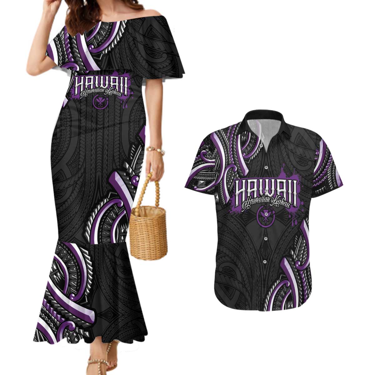 Traditional Art Hawaiian Kakau Tattoos Couples Matching Mermaid Dress and Hawaiian Shirt Purple Color LT03 Purple - Polynesian Pride