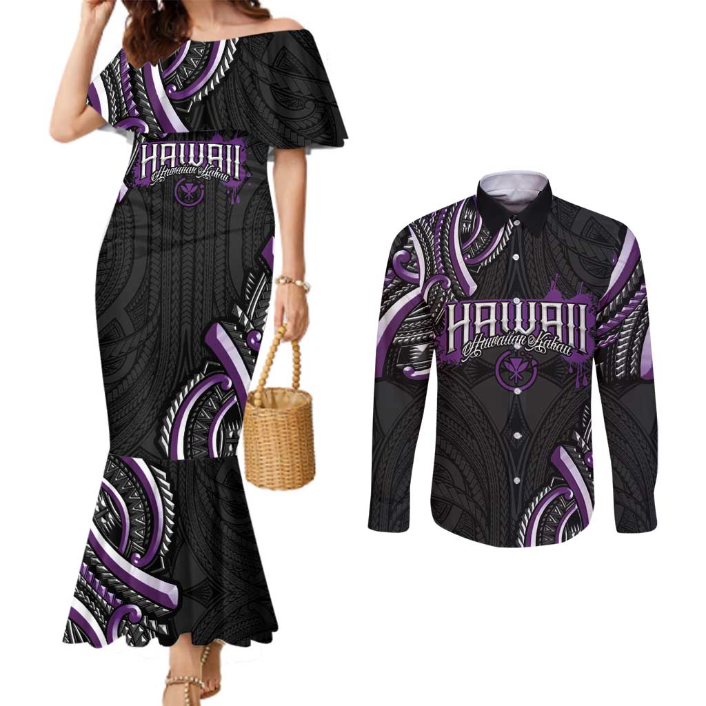 Traditional Art Hawaiian Kakau Tattoos Couples Matching Mermaid Dress and Long Sleeve Button Shirt Purple Color LT03 Purple - Polynesian Pride