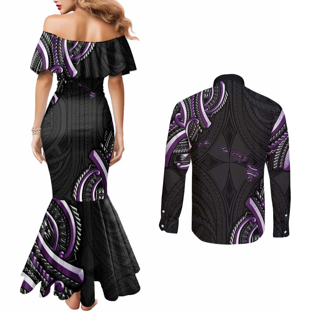 Traditional Art Hawaiian Kakau Tattoos Couples Matching Mermaid Dress and Long Sleeve Button Shirt Purple Color LT03 - Polynesian Pride